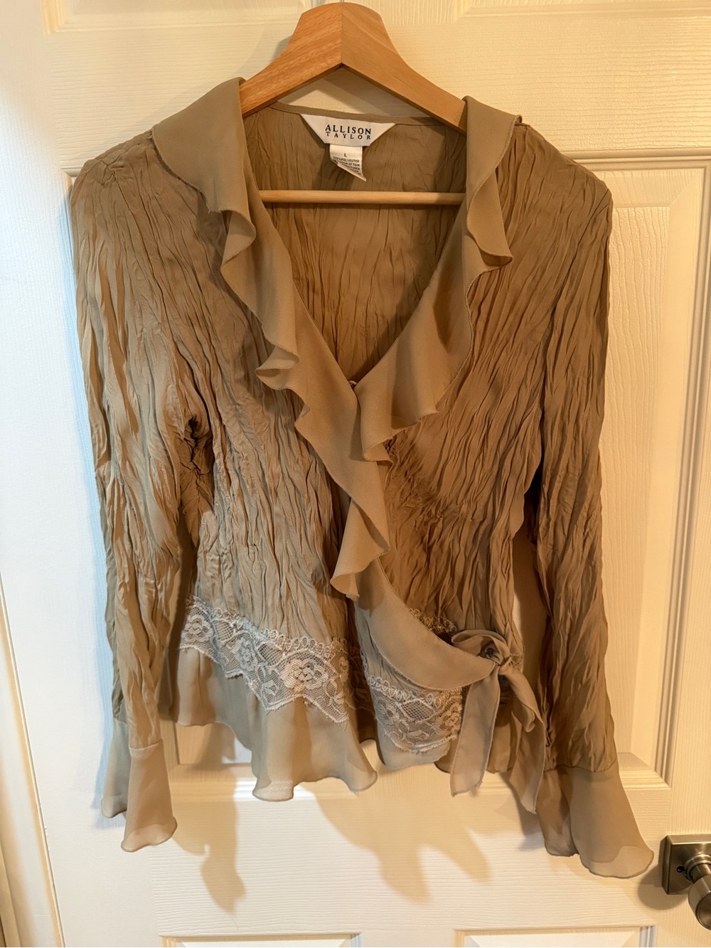 Allison Taylor Taupe Ruffle Wrap Blouse with Lace Trim